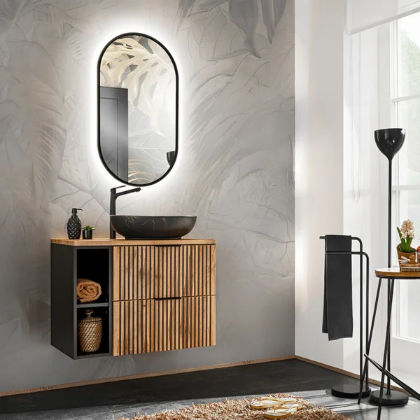 Mobile bagno sospeso 80cm cm 2 cassetti 2 vani quercia antracite Limpid