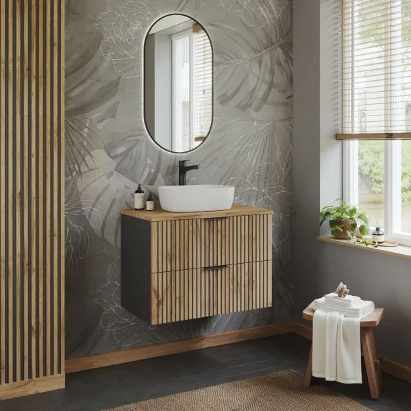 Mobile bagno sospeso 80cm cm 2 cassetti quercia antracite Limpid