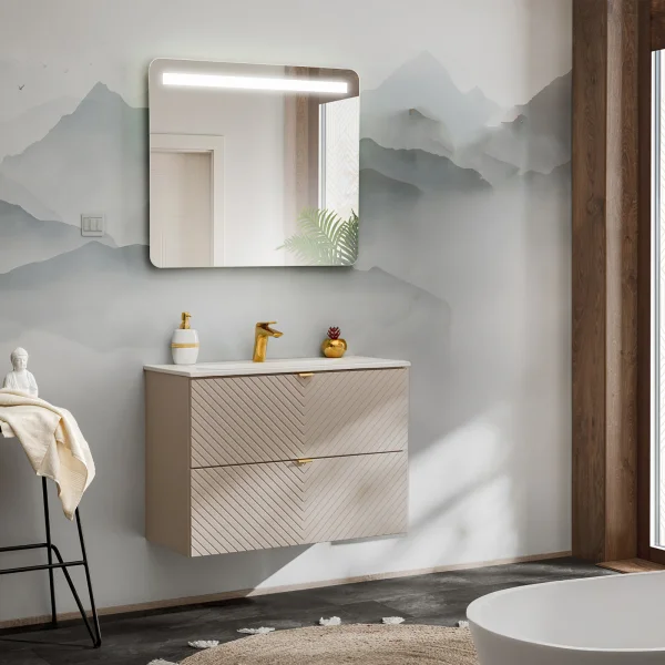 Mobile bagno sospeso 80cm con lavabo 2 cassetti beige cashmere Neutry