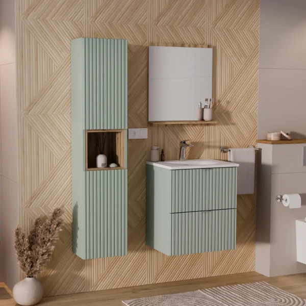 Mobile bagno sospeso cannettato 100cm con lavabo, specchio e colonna verde salvia rovere Greeny