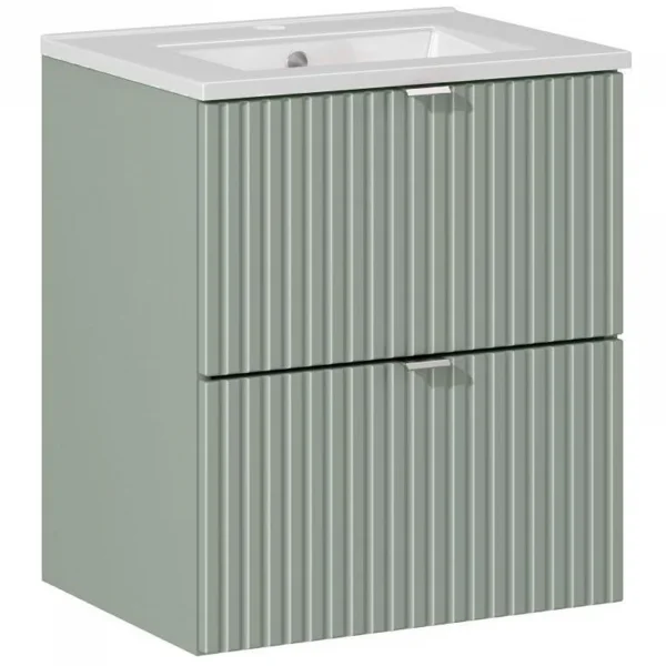 Mobile bagno sospeso cannettato 100cm con lavabo, specchio e colonna verde salvia rovere Greeny