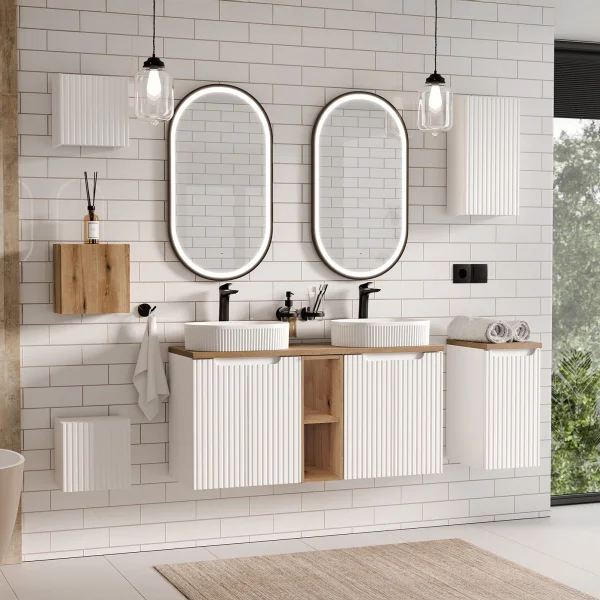 Mobile bagno sospeso cannettato 120cm 4 ante e 2 vani bianco rovere Cleany