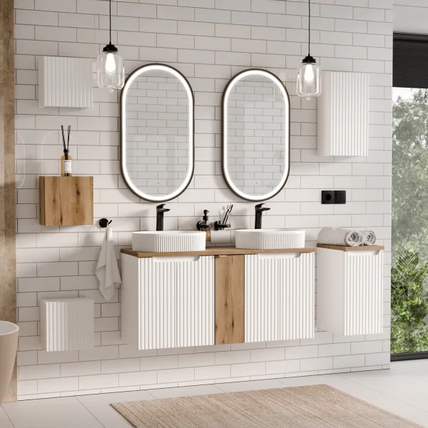 Mobile bagno sospeso cannettato 120cm 5 ante bianco rovere Cleany