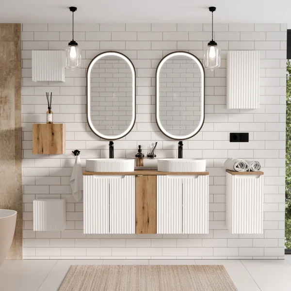 Mobile bagno sospeso cannettato 120cm 5 ante bianco rovere Cleany