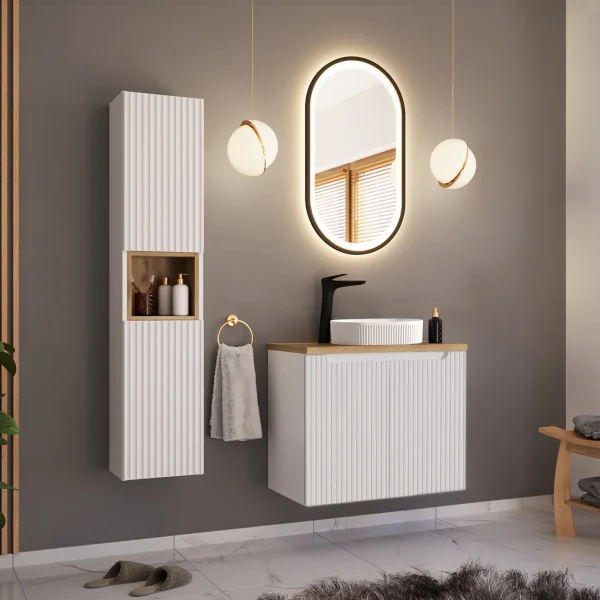Mobile bagno sospeso cannettato 130cm con lavabo e colonna bianco rovere Cleany