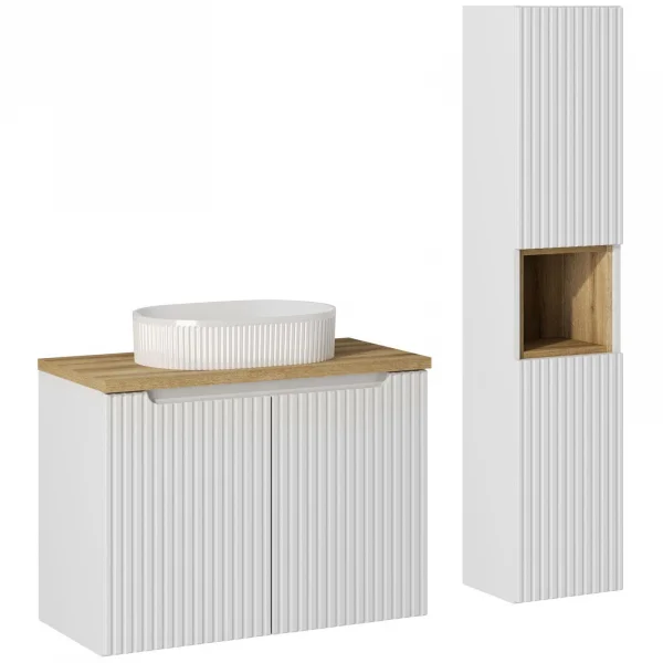 Mobile bagno sospeso cannettato 130cm con lavabo e colonna bianco rovere Cleany