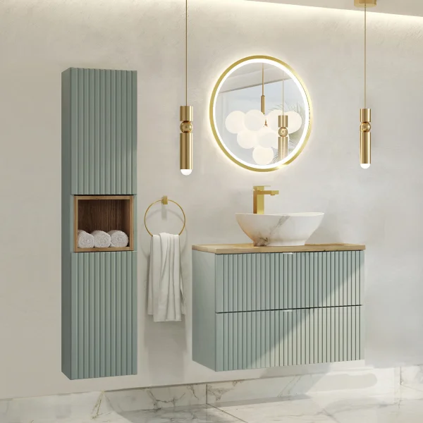 Mobile bagno sospeso cannettato 130cm con lavabo e colonna verde salvia rovere Greeny