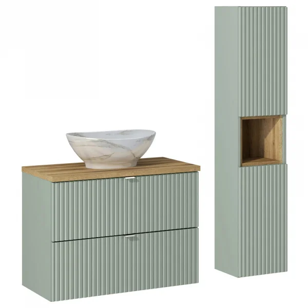 Mobile bagno sospeso cannettato 130cm con lavabo e colonna verde salvia rovere Greeny