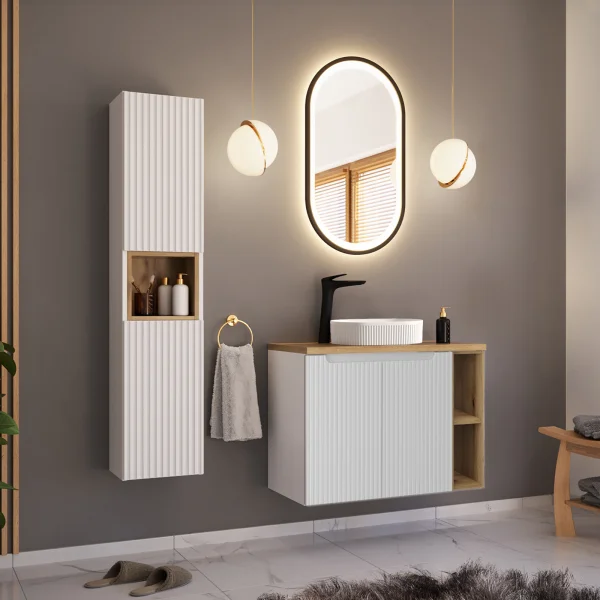 Mobile bagno sospeso cannettato 150cm con lavabo e colonna bianco rovere Cleany