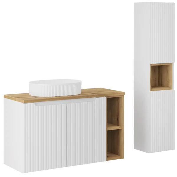 Mobile bagno sospeso cannettato 150cm con lavabo e colonna bianco rovere Cleany