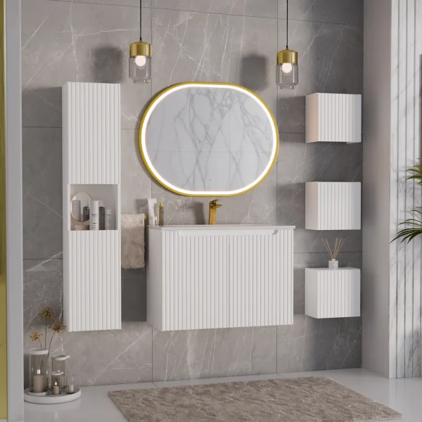 Mobile bagno sospeso cannettato 170cm con lavabo, colonna e 3 pensili bianco rovere Cleany