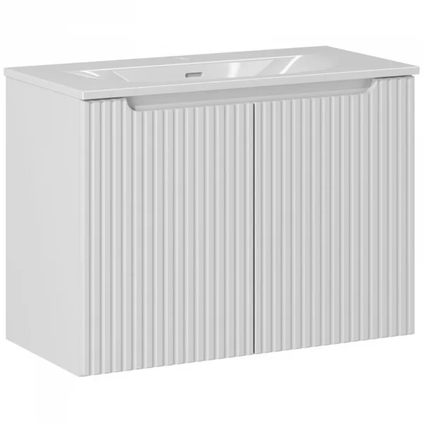 Mobile bagno sospeso cannettato 170cm con lavabo, colonna e 3 pensili bianco rovere Cleany