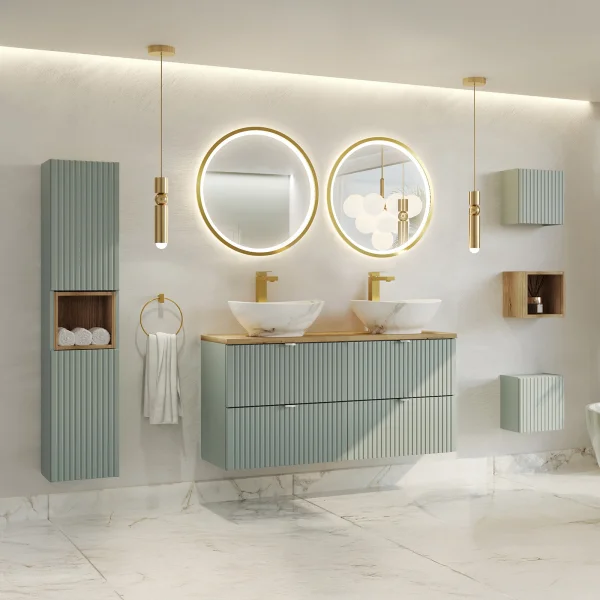 Mobile bagno sospeso cannettato 210cm con 2 lavabi, colonna e 3 pensili verde salvia rovere Greeny