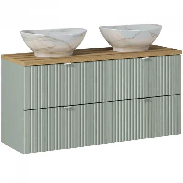 Mobile bagno sospeso cannettato 210cm con 2 lavabi, colonna e 3 pensili verde salvia rovere Greeny