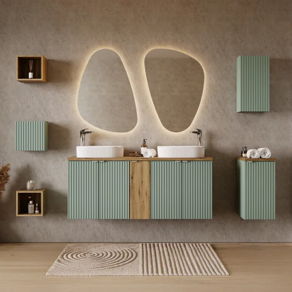 Mobile bagno sospeso cannettato 230cm con 2 lavabi, base sospesa e 4 pensili verde salvia rovere Greeny