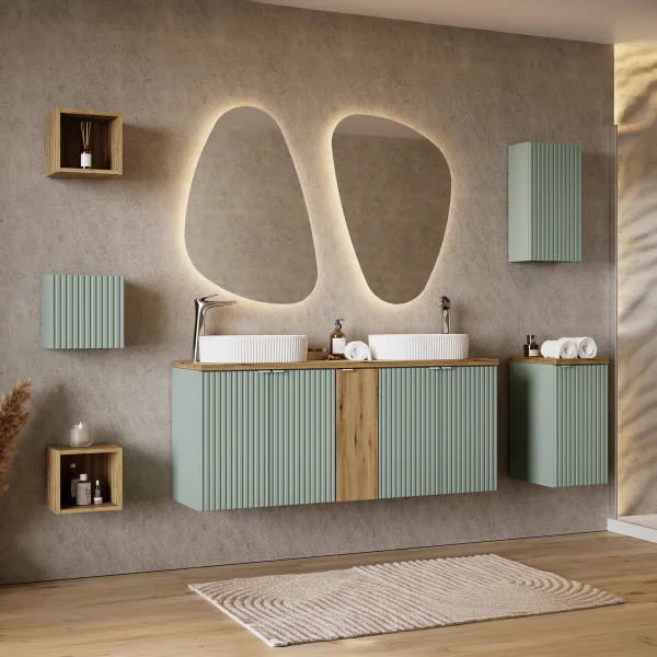 Mobile bagno sospeso cannettato 230cm con 2 lavabi, base sospesa e 4 pensili verde salvia rovere Greeny