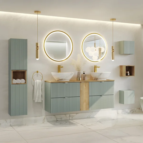 Mobile bagno sospeso cannettato 230cm con 2 lavabi, colonna e 3 pensili verde salvia rovere Greeny