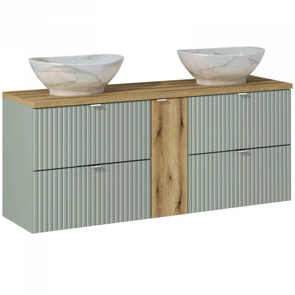 Mobile bagno sospeso cannettato 230cm con 2 lavabi, colonna e 3 pensili verde salvia rovere Greeny