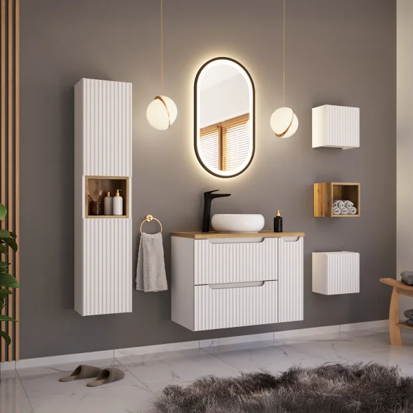 Mobile bagno sospeso cannettato 80cm bianco rovere Cleany
