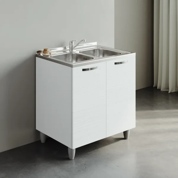 Mobile sottolavello cucina 80x86h cm multiuso con lavello 2 vasche acciaio inox bianco frassinato Talise