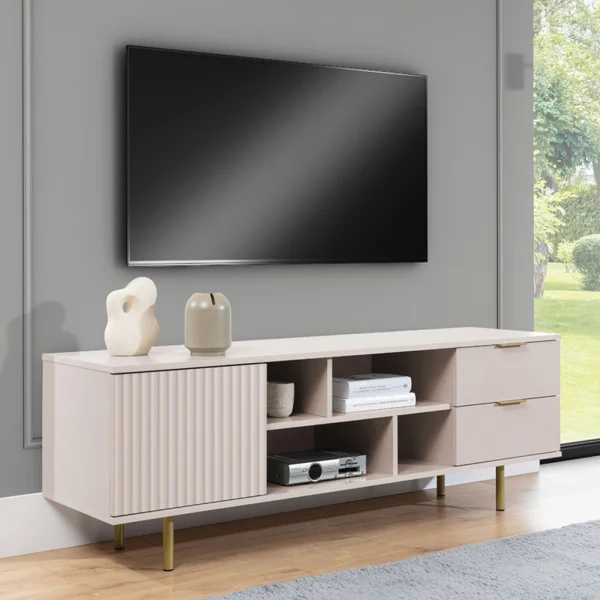 Mobile porta tv 150x52h cm 1 anta 2 cassetti cannettato moderno beige Vanessa