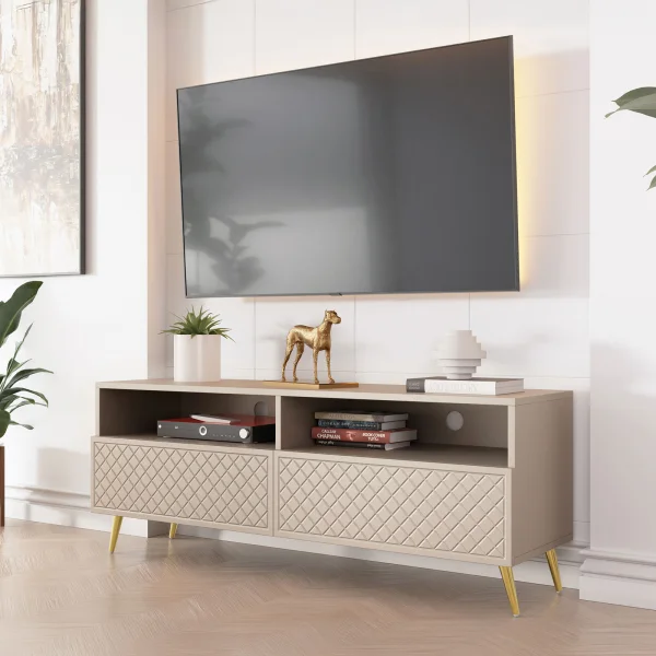 Mobile porta TV 150x57cm 2 ante 2 vani con frontali decorati beige Simona