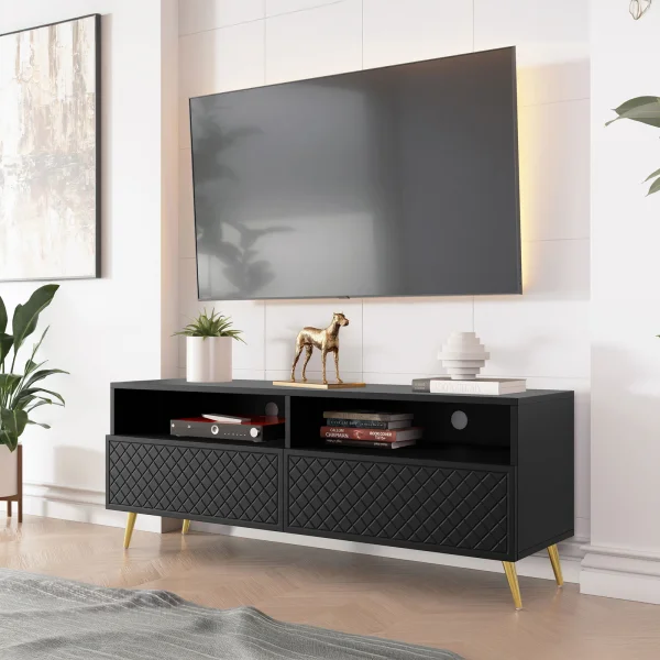 Mobile porta TV 150x57cm 2 ante 2 vani con frontali decorati nero Simona