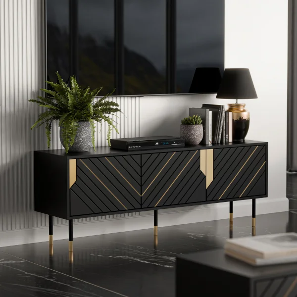 Mobile porta tv 154x55h cm 3 ante moderno nero oro Golden