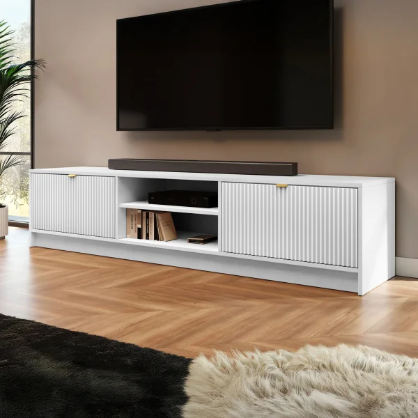 Mobile porta tv 180x40h cm 2 ante 2 vani a giorno cannettato bianco Athena