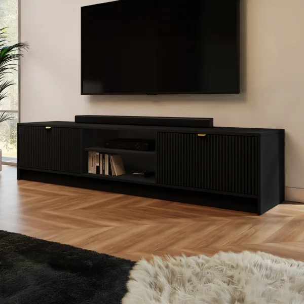 Mobile porta tv 180x40h cm 2 ante 2 vani a giorno cannettato nero Athena