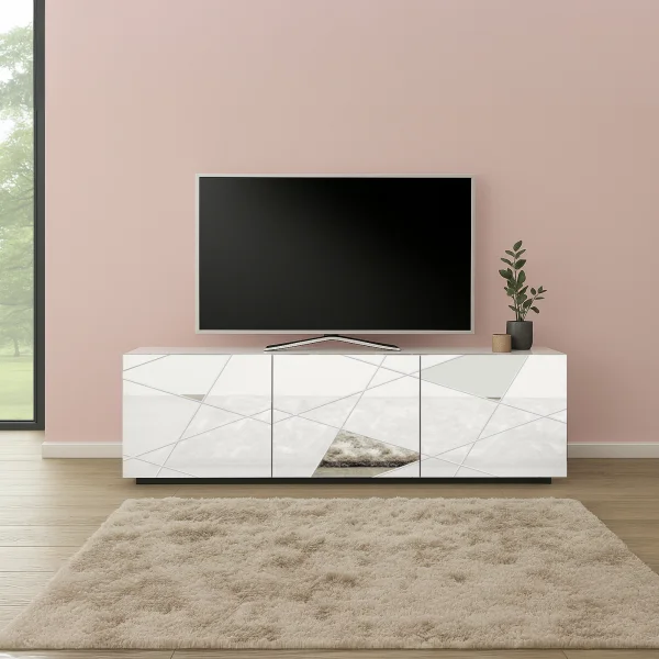 Mobile porta TV 181x57h cm moderno specchio con serigrafia bianco lucido Silea