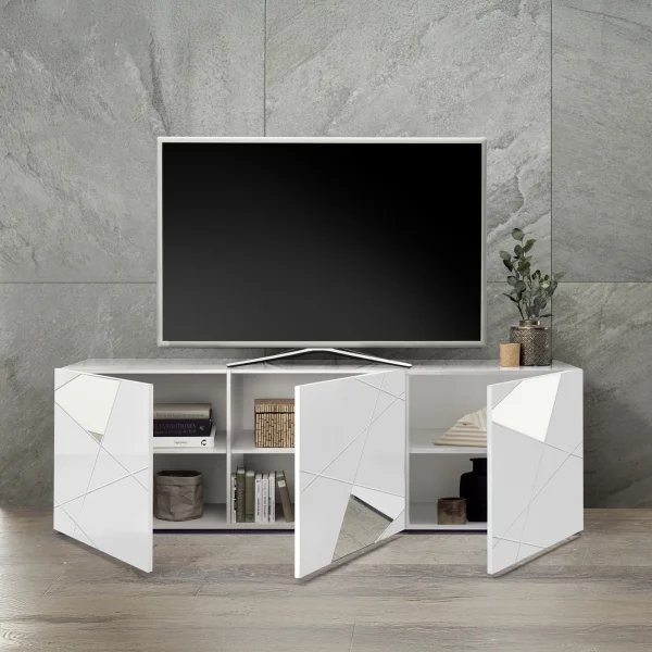 Mobile porta TV 181x57h cm moderno specchio con serigrafia bianco lucido Silea