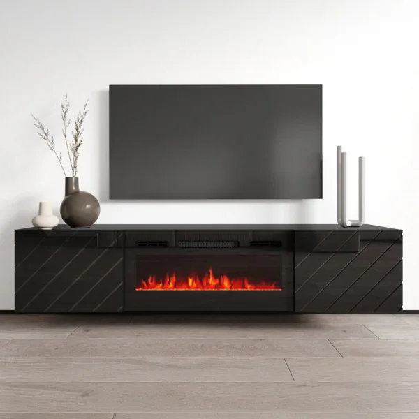 Mobile porta tv 183x38h cm 2 ante con camino elettrico nero lucido Armando