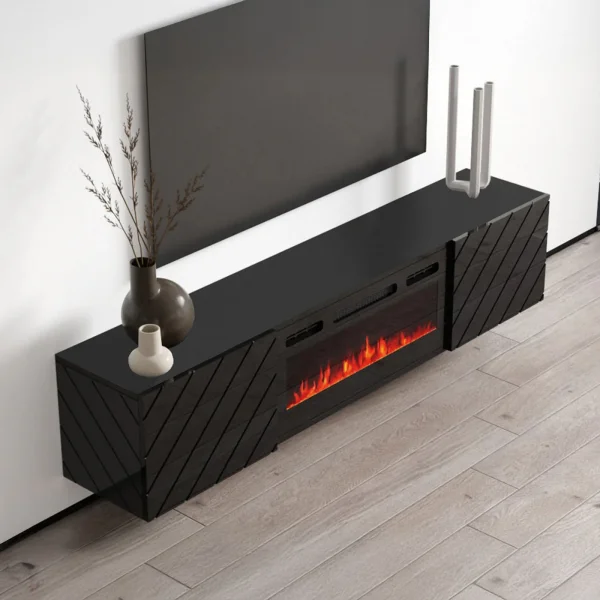 Mobile porta tv 183x38h cm 2 ante con camino elettrico nero lucido Armando