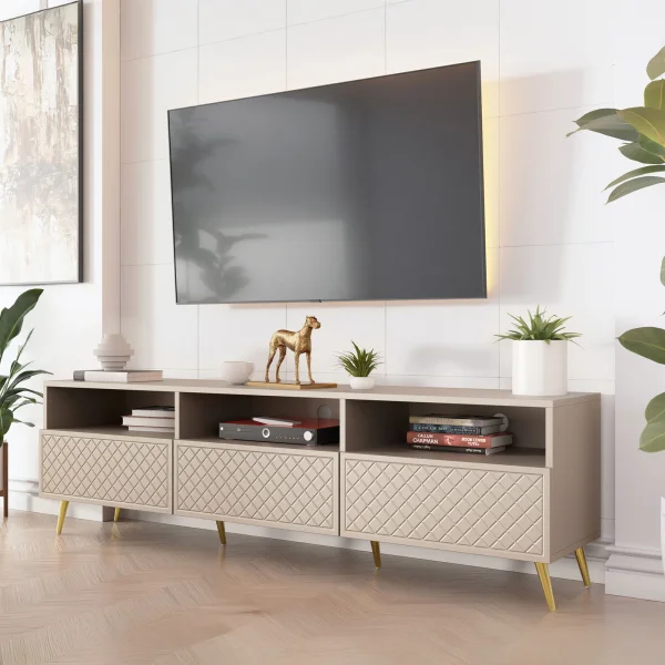 Mobile porta TV 195x57cm 3 ante 3 vani con frontali decorati beige Simona