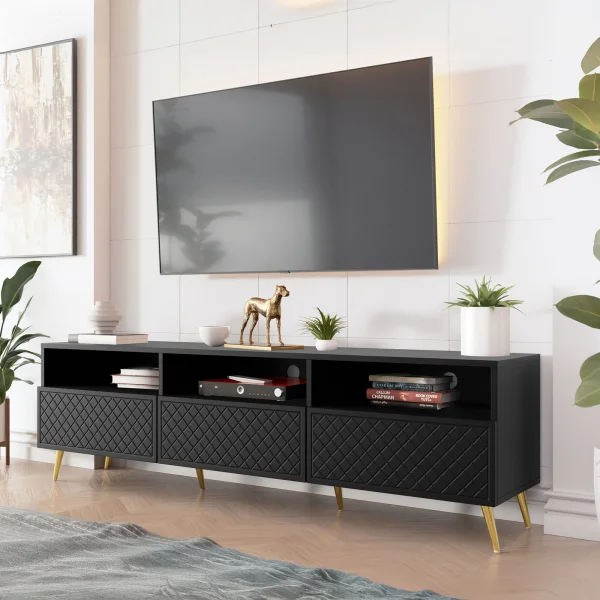 Mobile porta TV 195x57cm 3 ante 3 vani con frontali decorati nero Simona