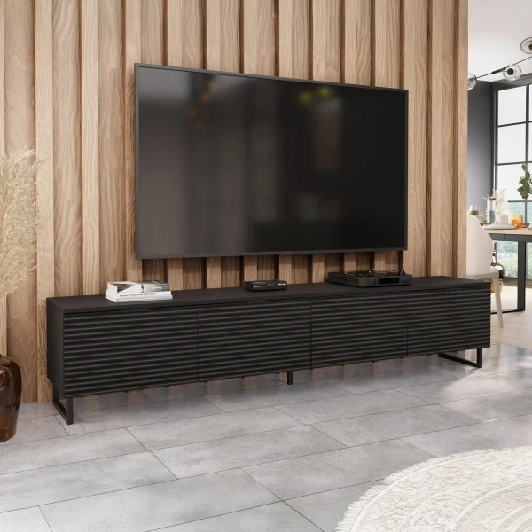 Mobile porta tv 200x40h cm 4 ante cannettato moderno nero grafite Tiziana
