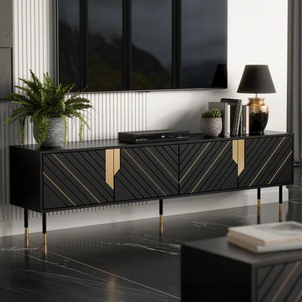 Mobile porta tv 204x55h cm 4 ante moderno nero oro Golden