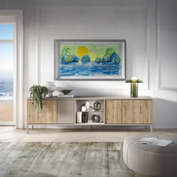 Mobile porta TV 210x59h cm 4 ante 2 vani moderno rovere chiaro beige Silka