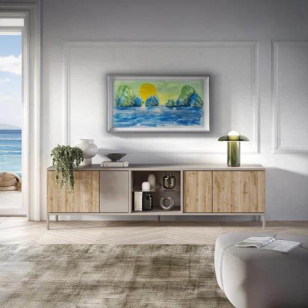 Mobile porta TV 210x59h cm 4 ante 2 vani moderno rovere chiaro beige Silka