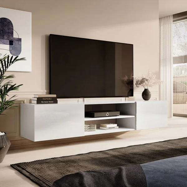 Mobile porta tv sospeso 200x37h cm 2 ante 2 vani a giorno  bianco lucido Southampton