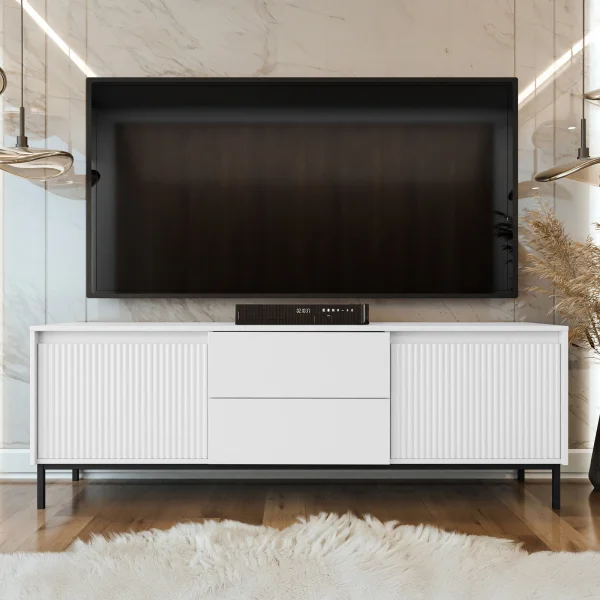 Mobile tv 174x60cm design cannettato 2 cassetti bianco Strike