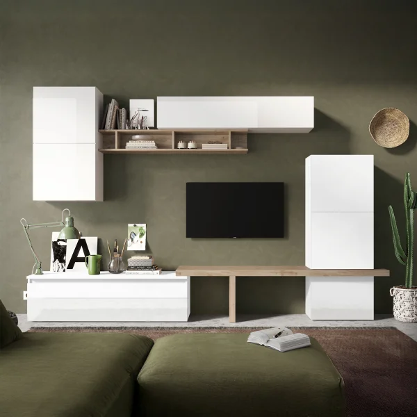Parete attrezzata 320x195h cm bianco lucido rovere chiaro Sunset 19
