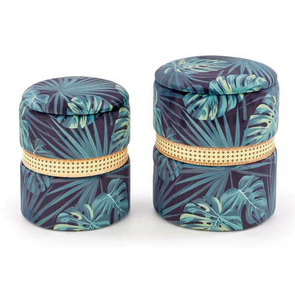 Set 2 pouf rotondi contenitore in tessuto moderni multicolore Thalia
