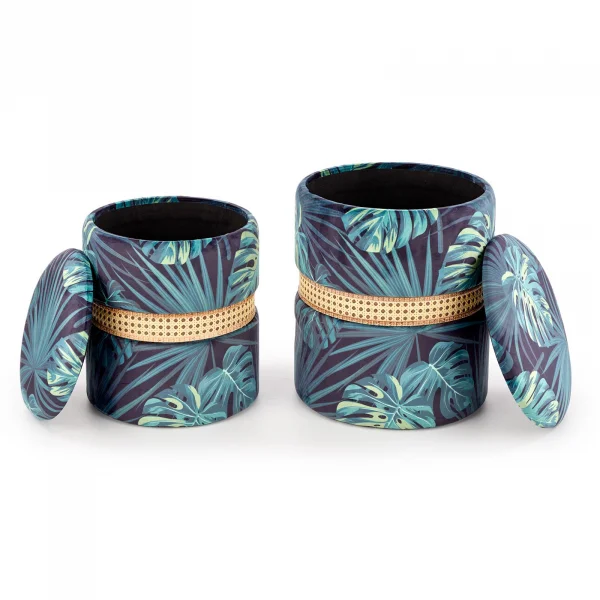 Set 2 pouf rotondi contenitore in tessuto moderni multicolore Thalia