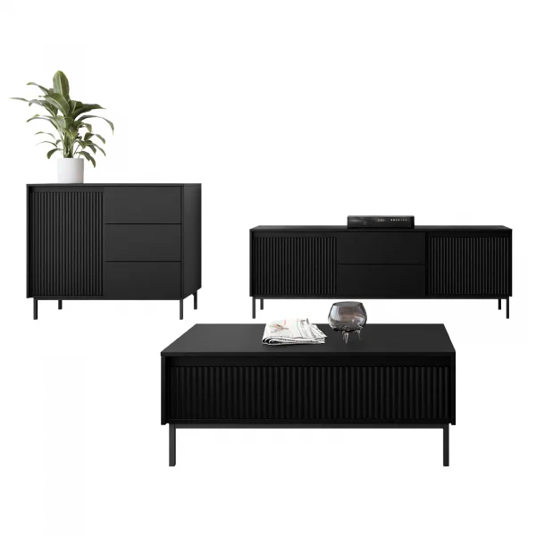 Set mobili soggiorno completo design cannettato nero Strike 2