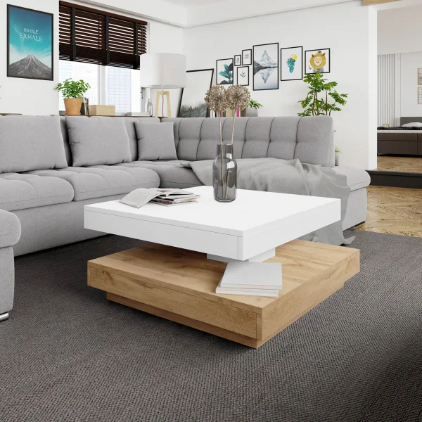 Tavolino da salotto quadrato 70x70cm rotante rovere bianco Rotol