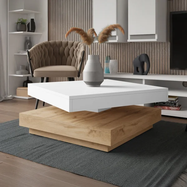 Tavolino da salotto quadrato 70x70cm rotante rovere bianco Rotol