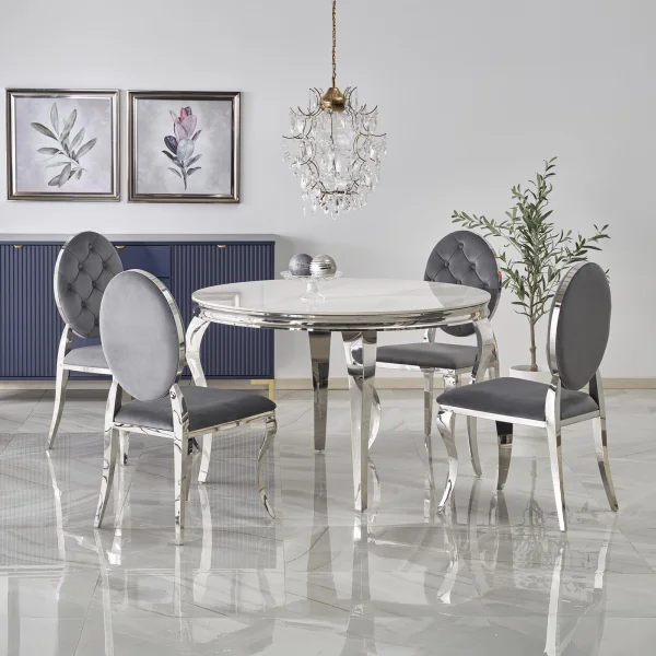 Tavolo da pranzo rotondo 120cm effetto marmo bianco cromato argento Selim