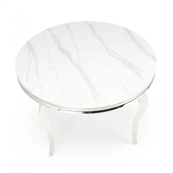 Tavolo da pranzo rotondo 120cm effetto marmo bianco cromato argento Selim